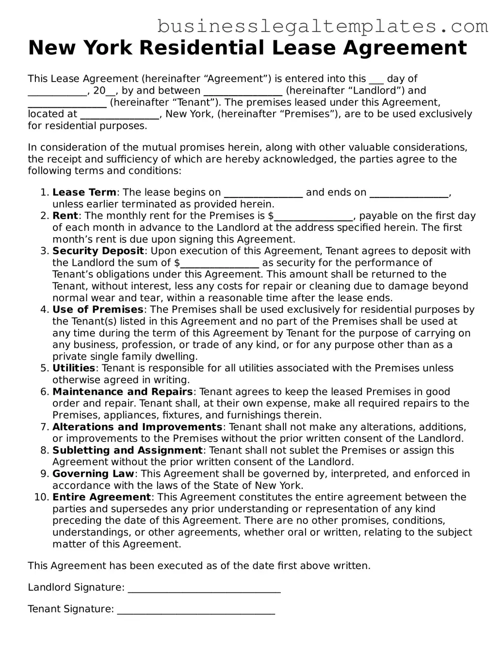 Blank New York Lease Agreement Document