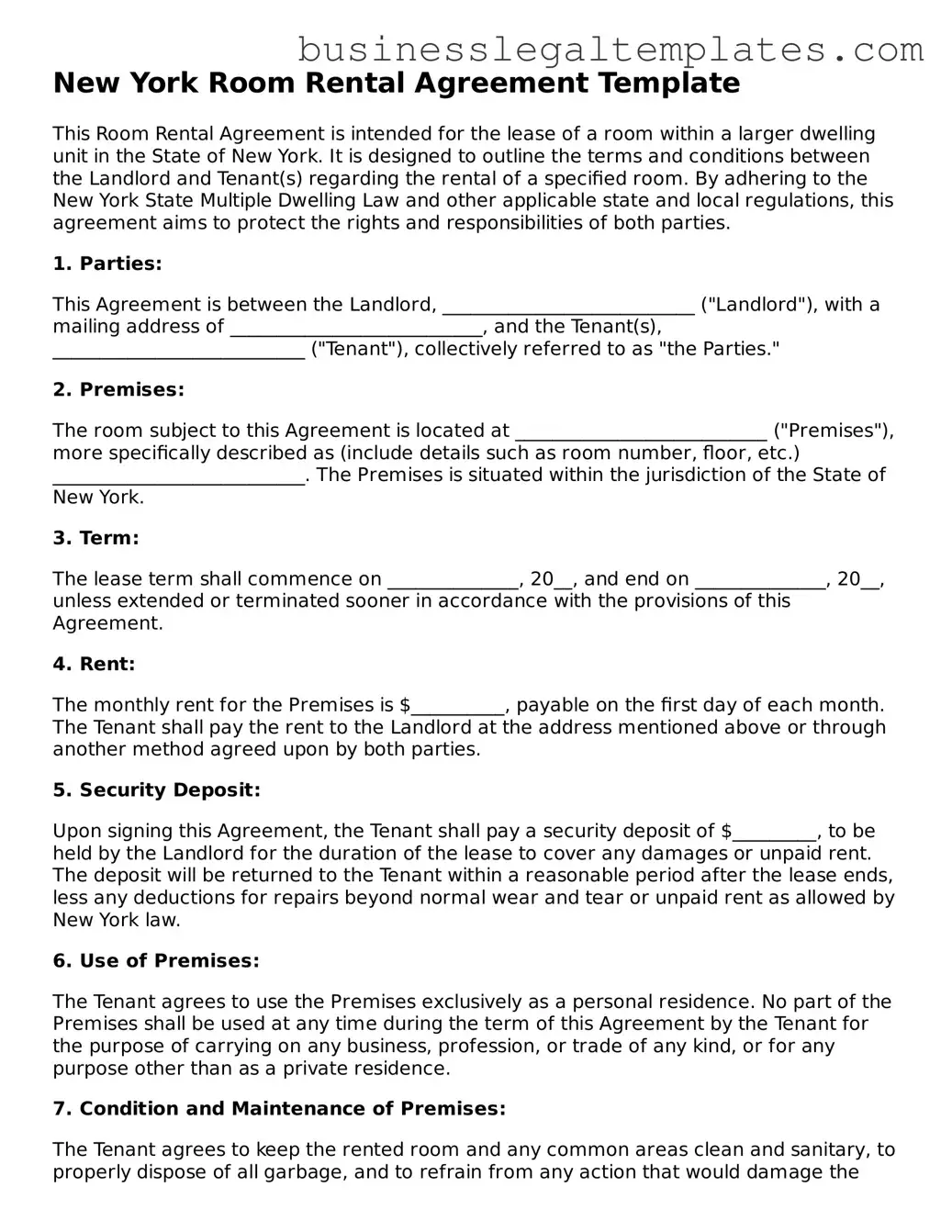 Blank New York Room Rental Agreement Document