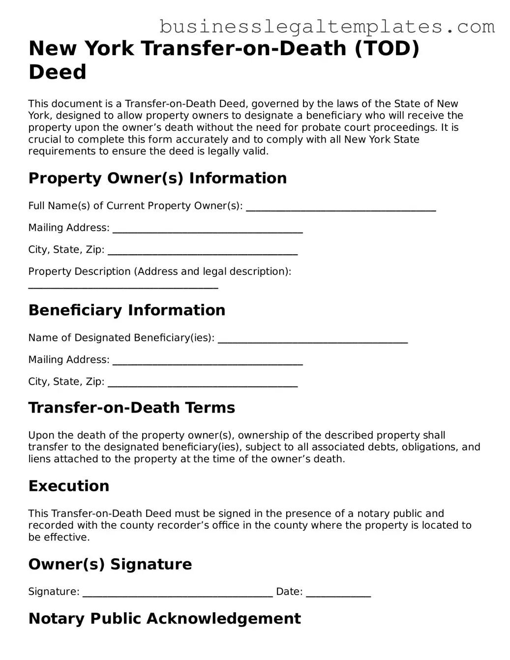 Blank New York Transfer-on-Death Deed Document