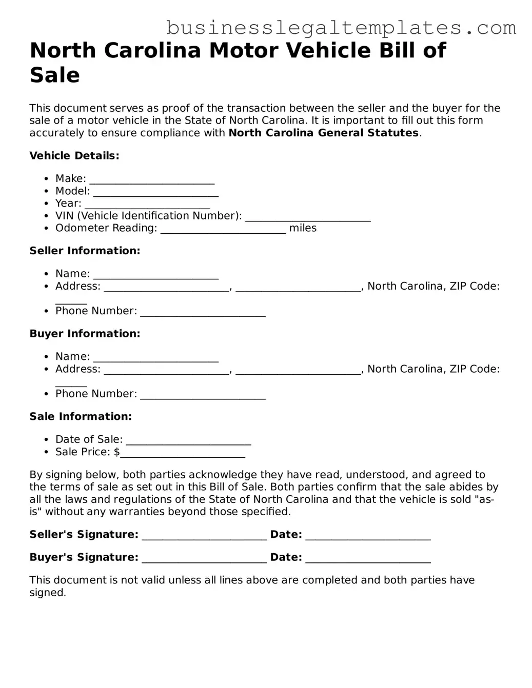 Blank North Carolina Motor Vehicle Bill of Sale Document