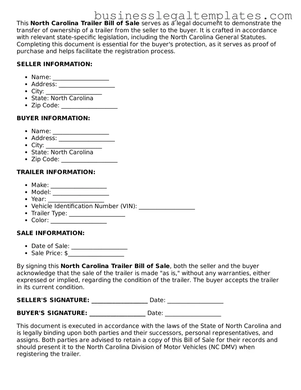 Blank North Carolina Trailer Bill of Sale Document