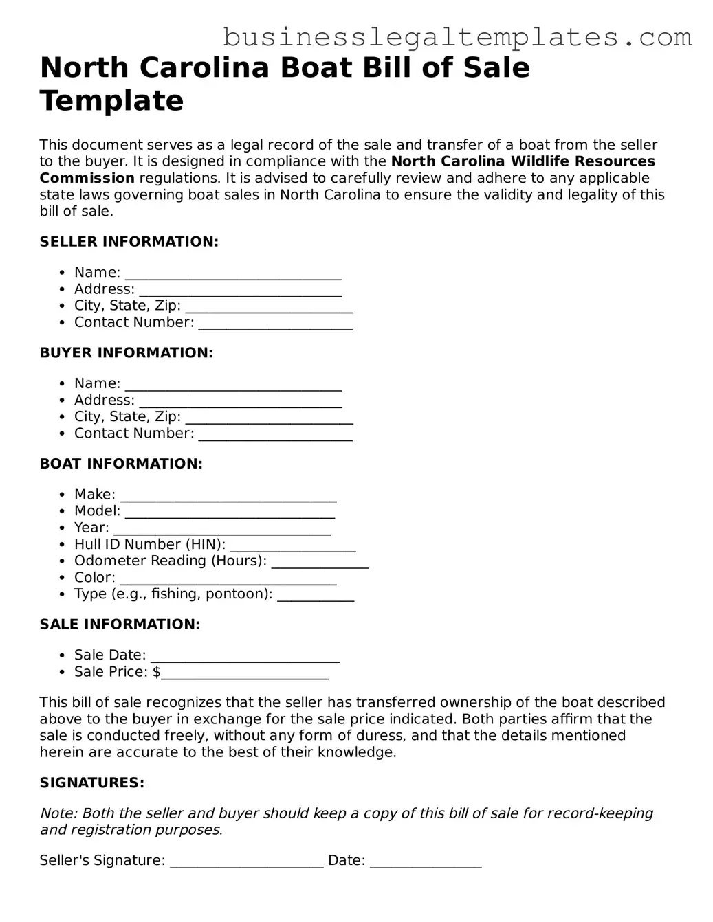 Blank North Carolina Boat Bill of Sale Document