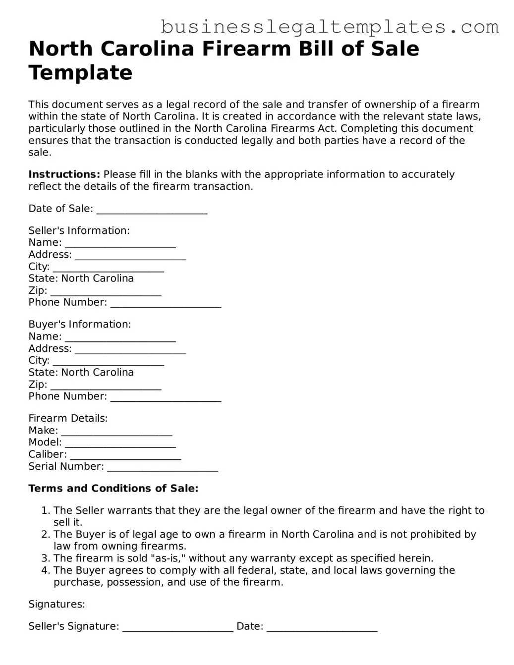 Blank North Carolina Firearm Bill of Sale Document