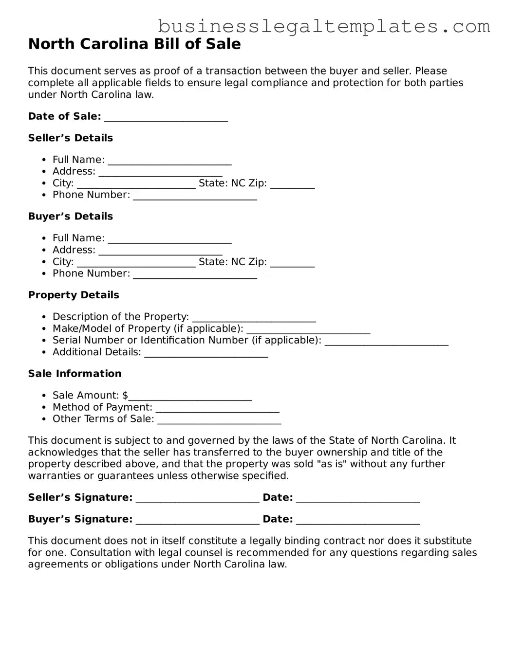 Blank North Carolina Bill of Sale Document