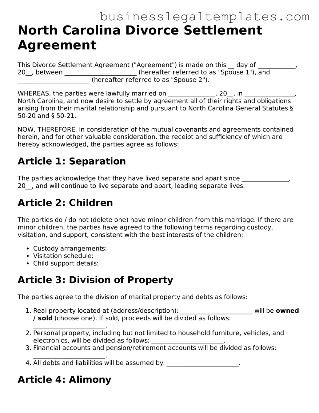 Blank North Carolina Divorce Settlement Agreement Document