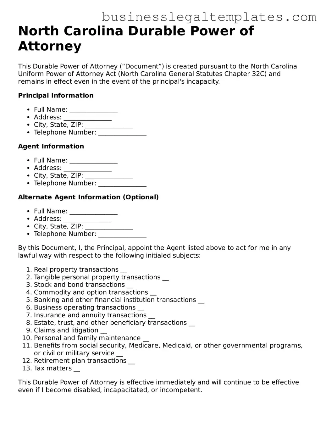 Blank North Carolina Durable Power of Attorney Document
