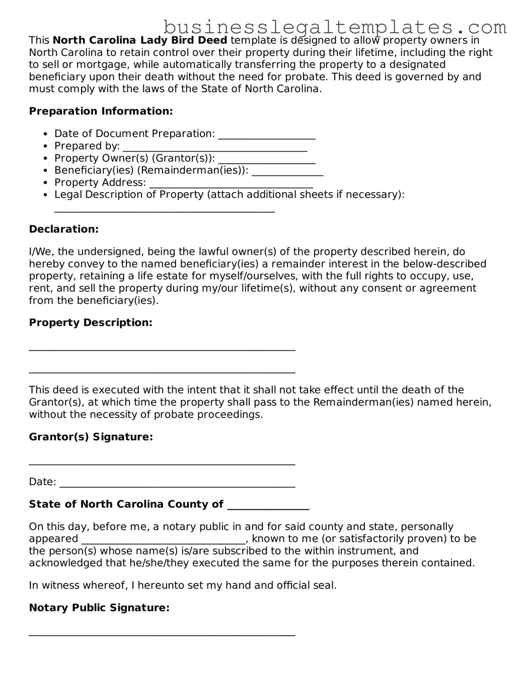 Blank North Carolina Lady Bird Deed Document