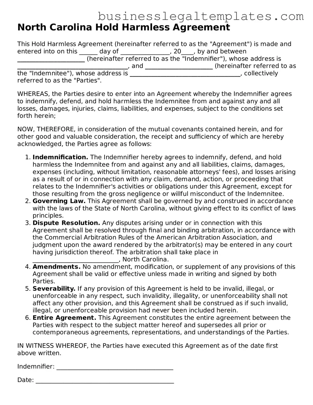 Blank North Carolina Hold Harmless Agreement Document
