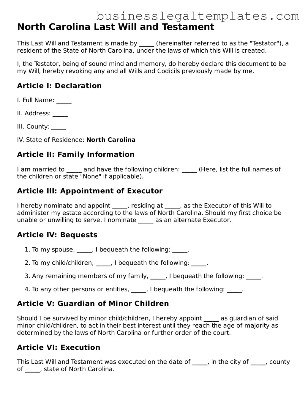Blank North Carolina Last Will and Testament Document