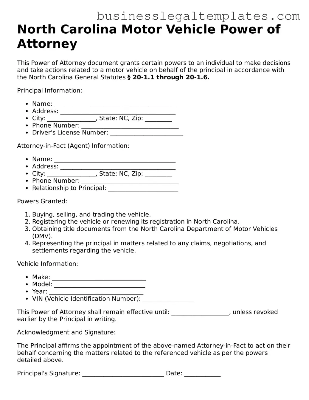 Blank North Carolina Motor Vehicle Power of Attorney Document