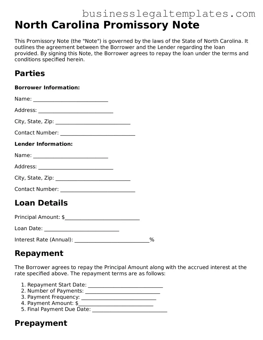Blank North Carolina Promissory Note Document