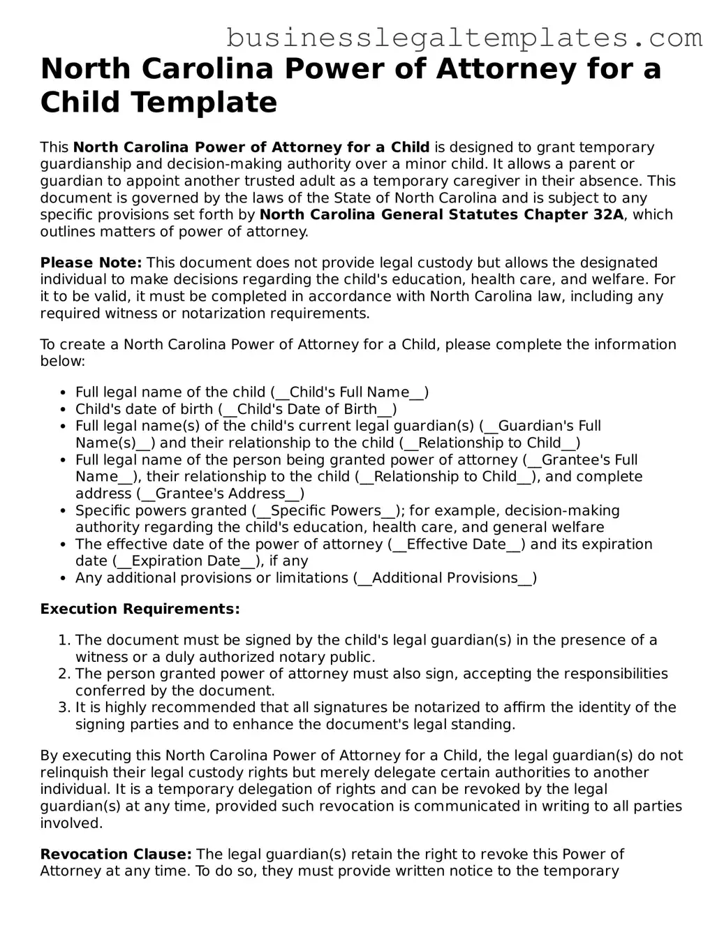 Blank North Carolina Power of Attorney for a Child Document
