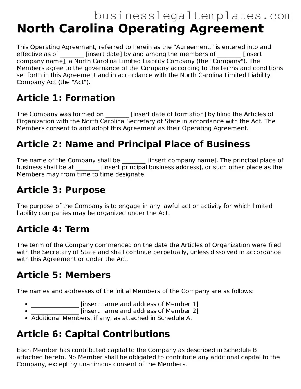 Blank North Carolina Operating Agreement Document