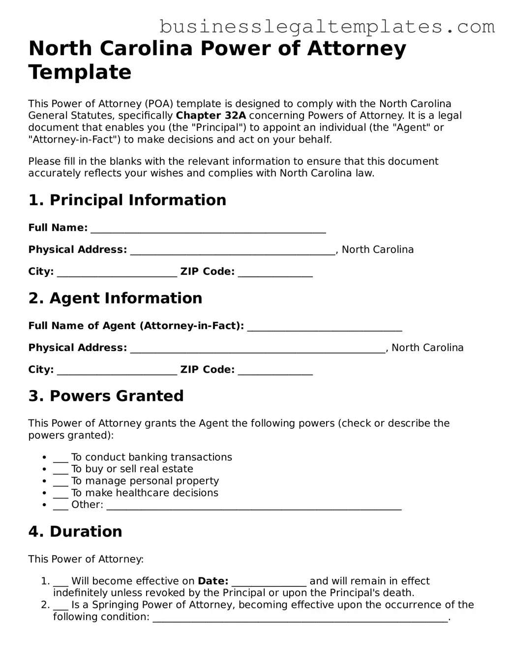 Blank North Carolina Power of Attorney Document
