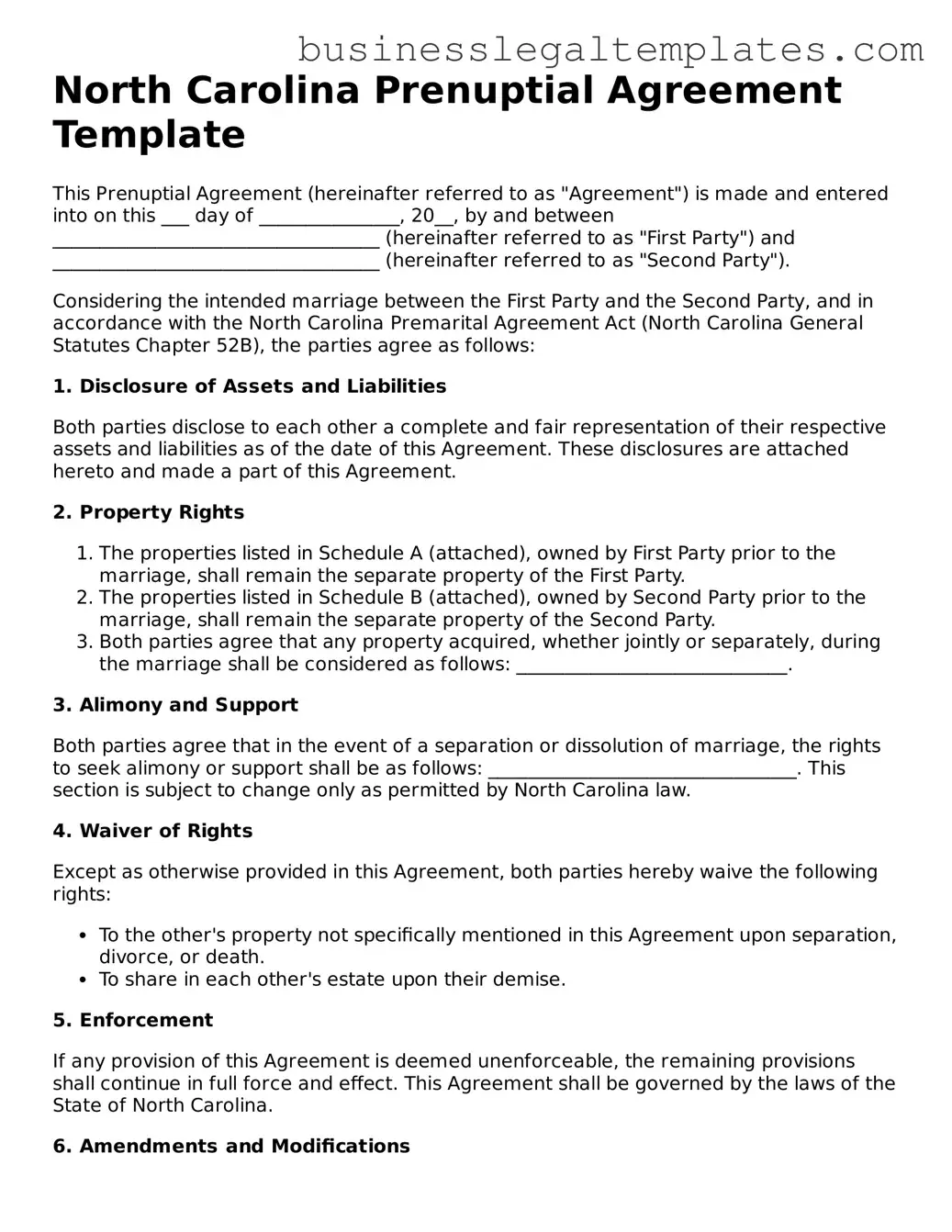 Blank North Carolina Prenuptial Agreement Document