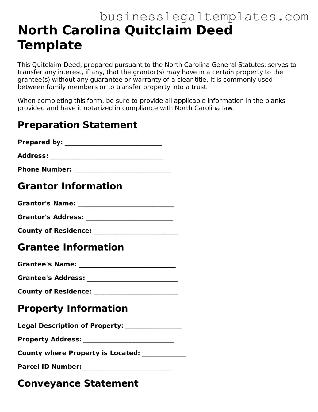 Blank North Carolina Quitclaim Deed Document