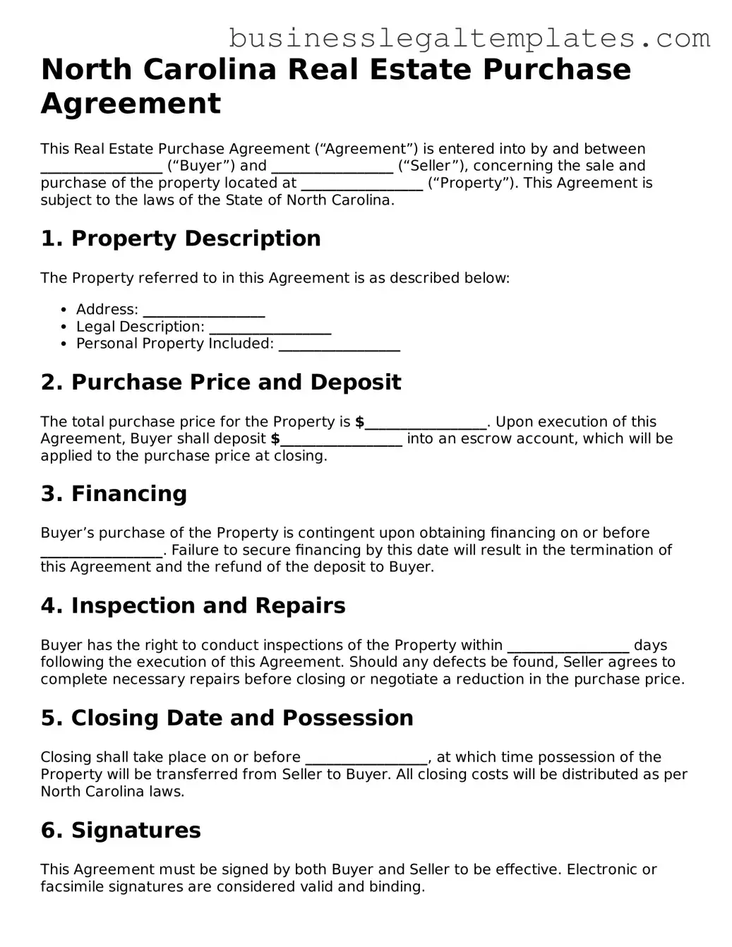 Blank North Carolina Real Estate Purchase Agreement Document