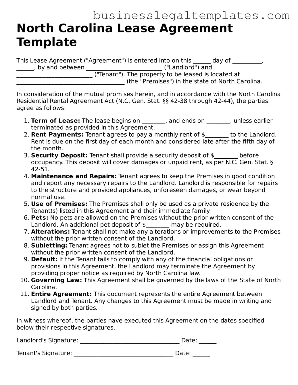 Blank North Carolina Lease Agreement Document