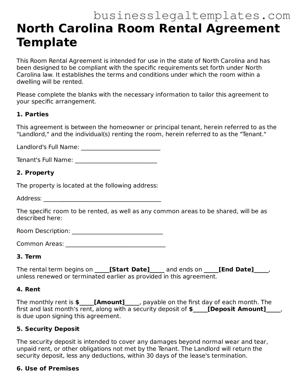 Blank North Carolina Room Rental Agreement Document
