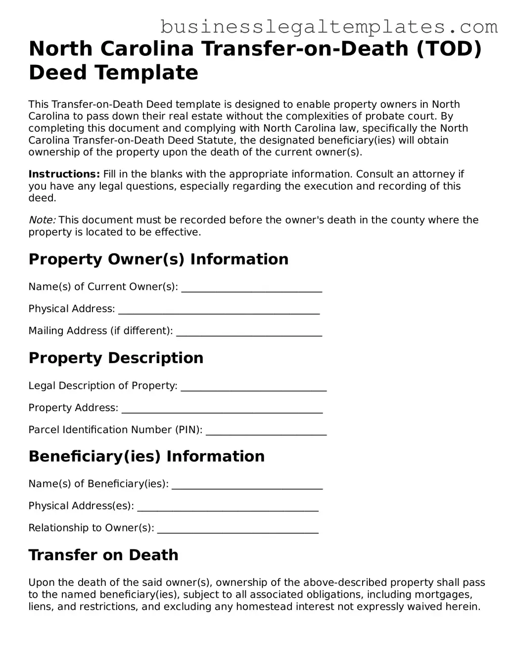 Blank North Carolina Transfer-on-Death Deed Document