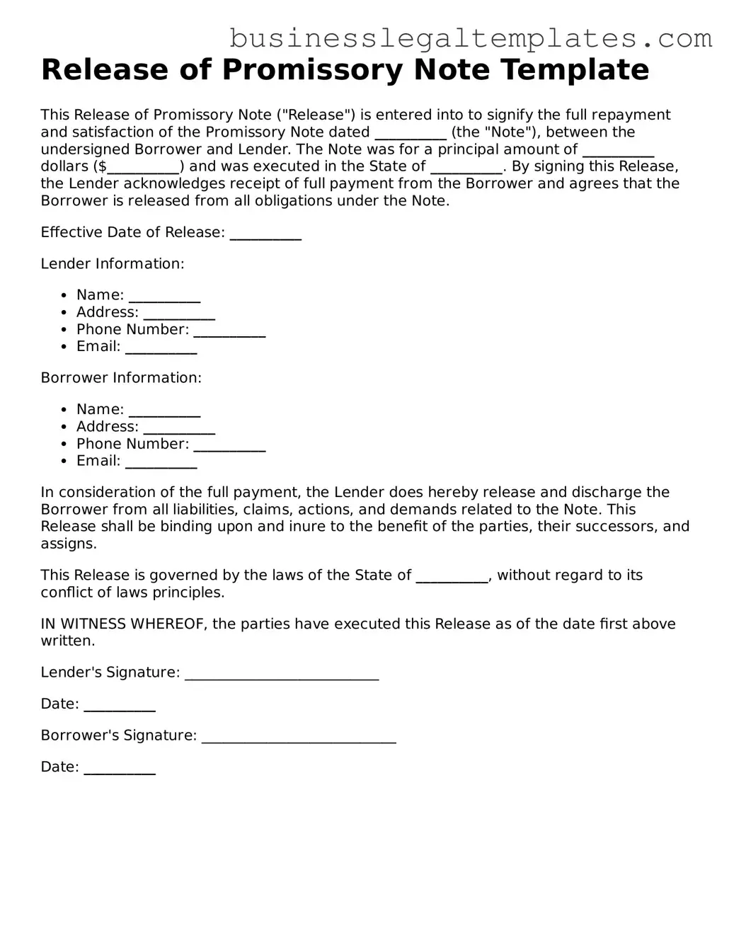 Fillable Release of Promissory Note Form