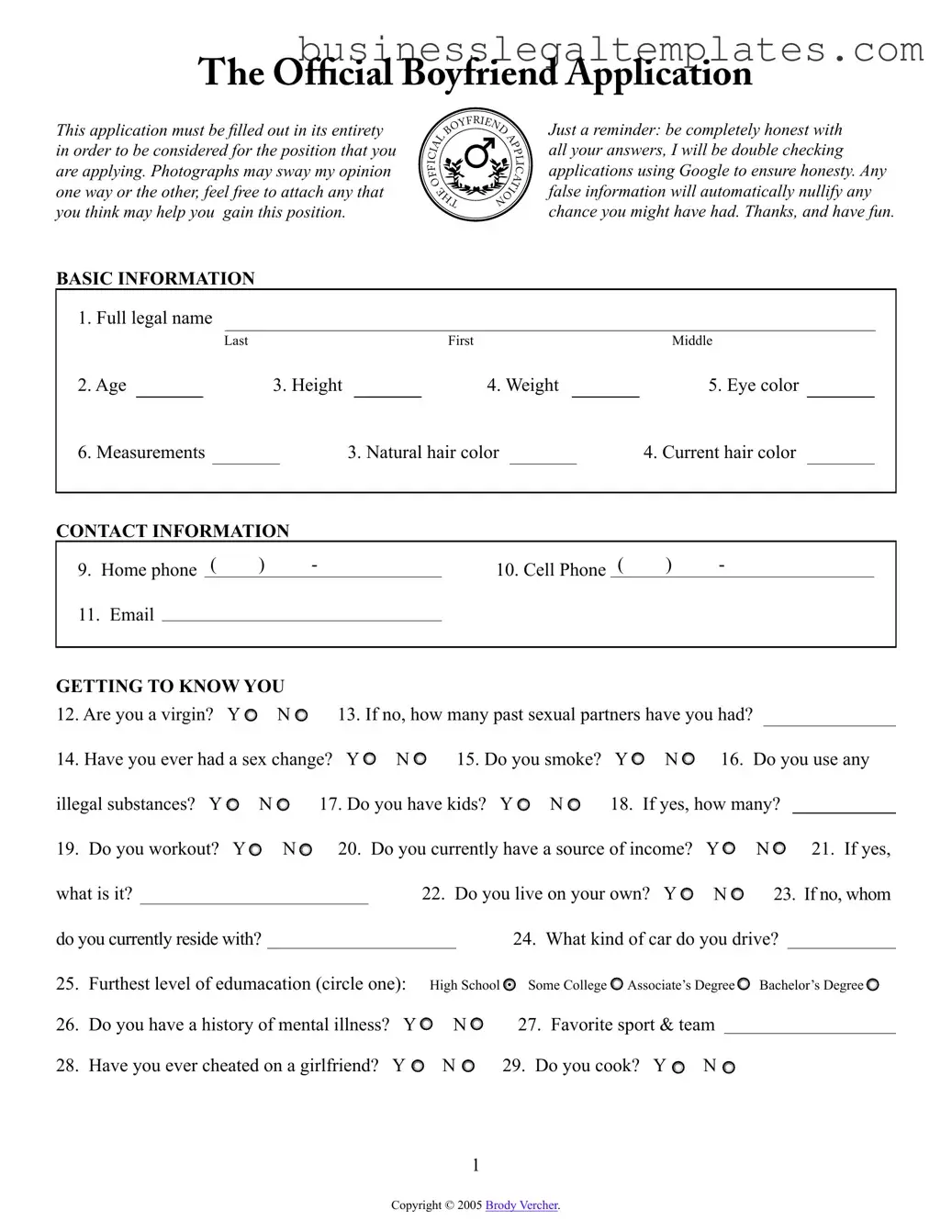Printable Boyfriend application form Form