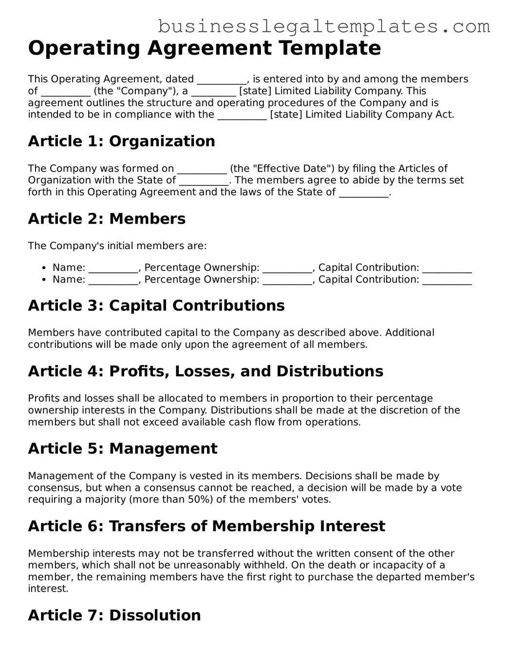 Fillable Operating Agreement Form