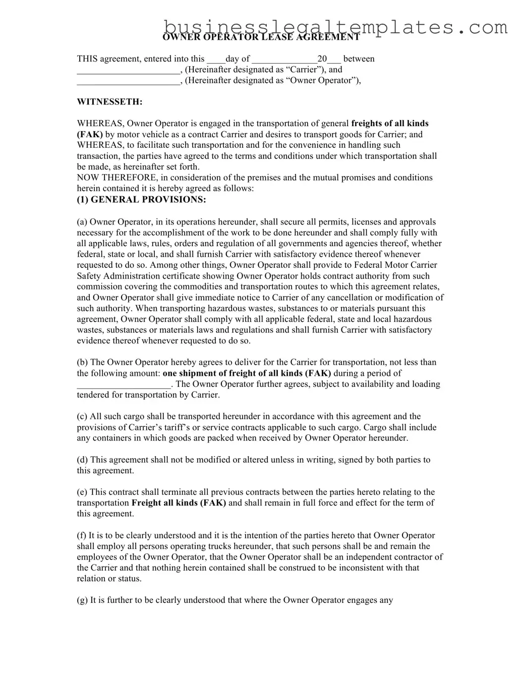 Printable Owner Operator Lease Agreement Form