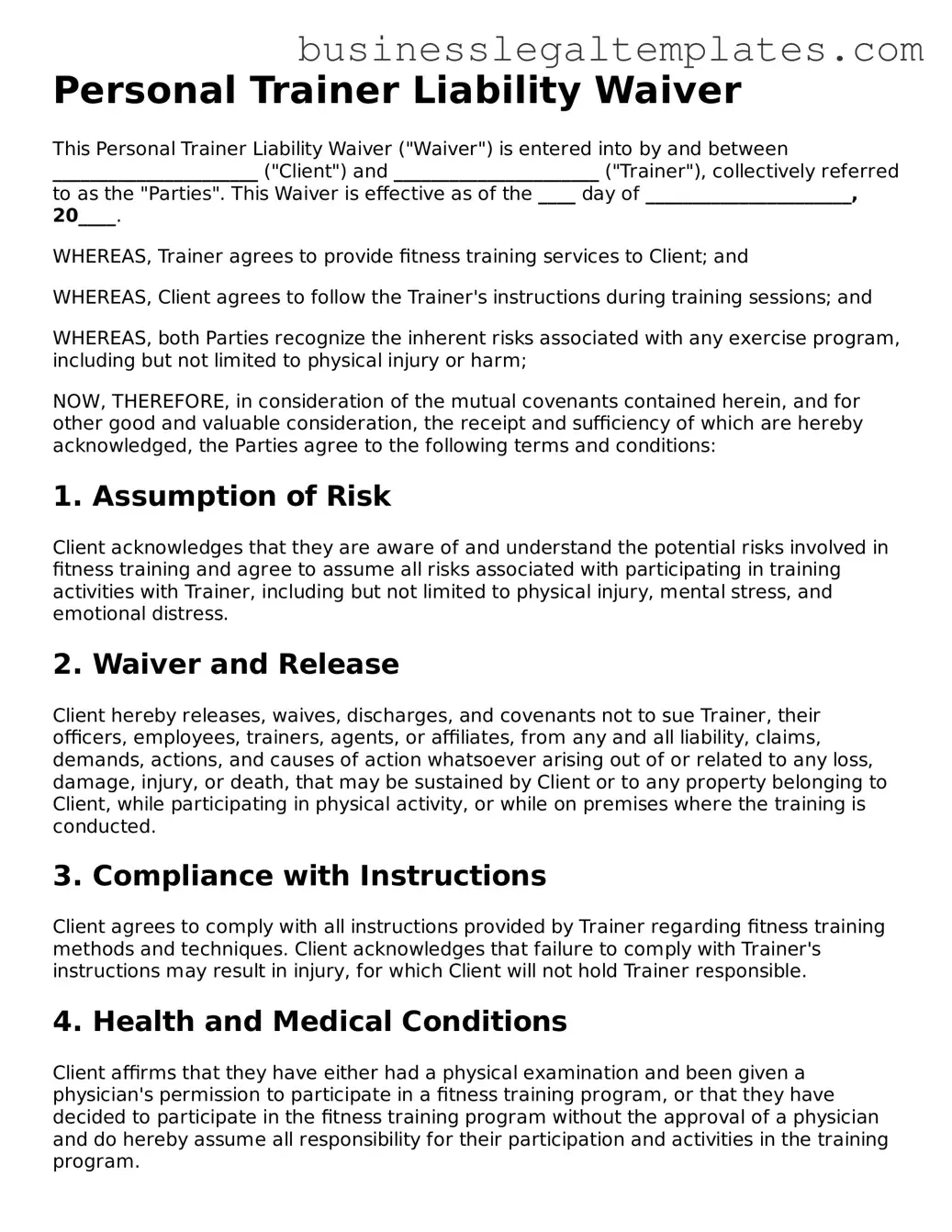 Fillable Personal Trainer Liability Waiver Form
