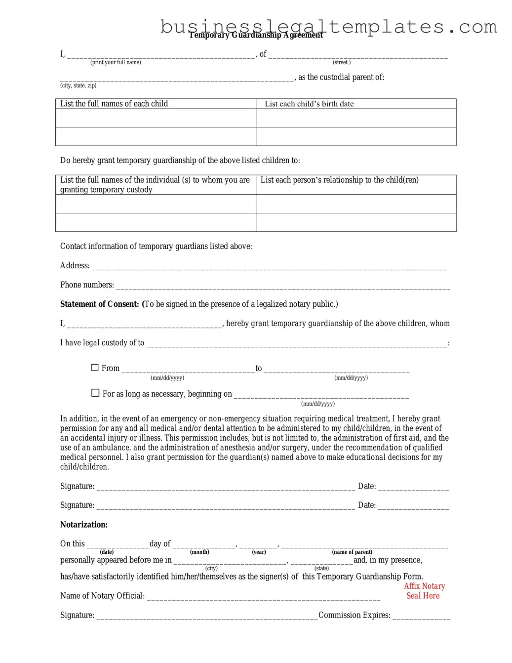 Printable Temporary Custody Form