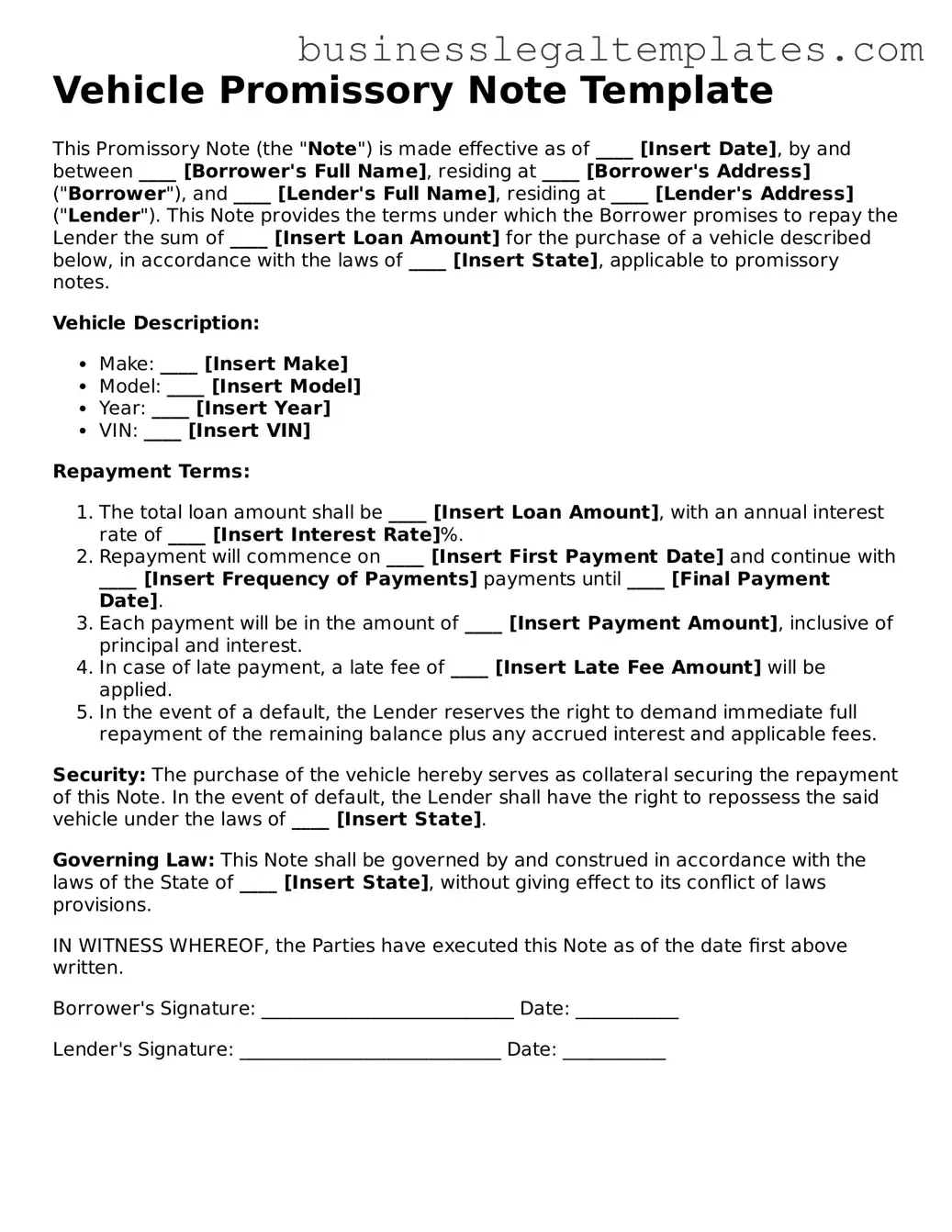 Fillable Promissory Note for a Car Form