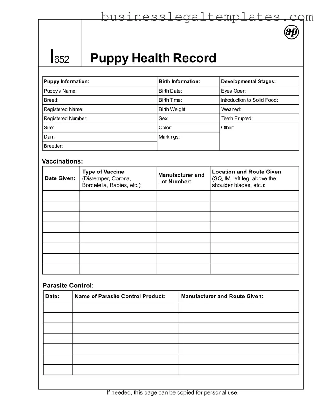 Printable Puppy Health Record Form