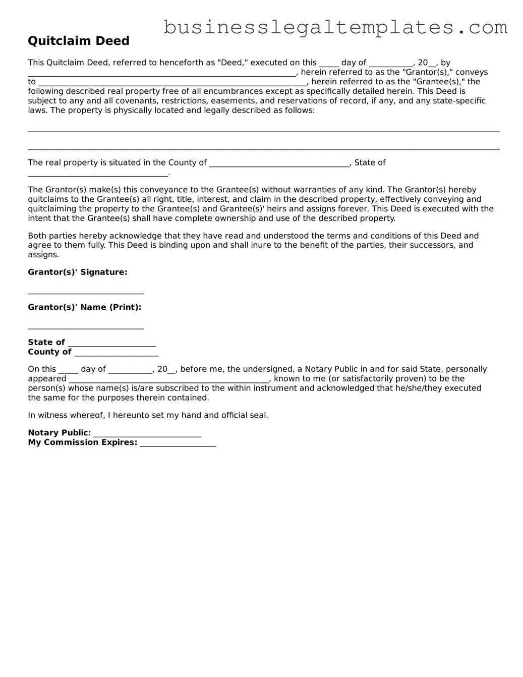 Fillable Quitclaim Deed Form