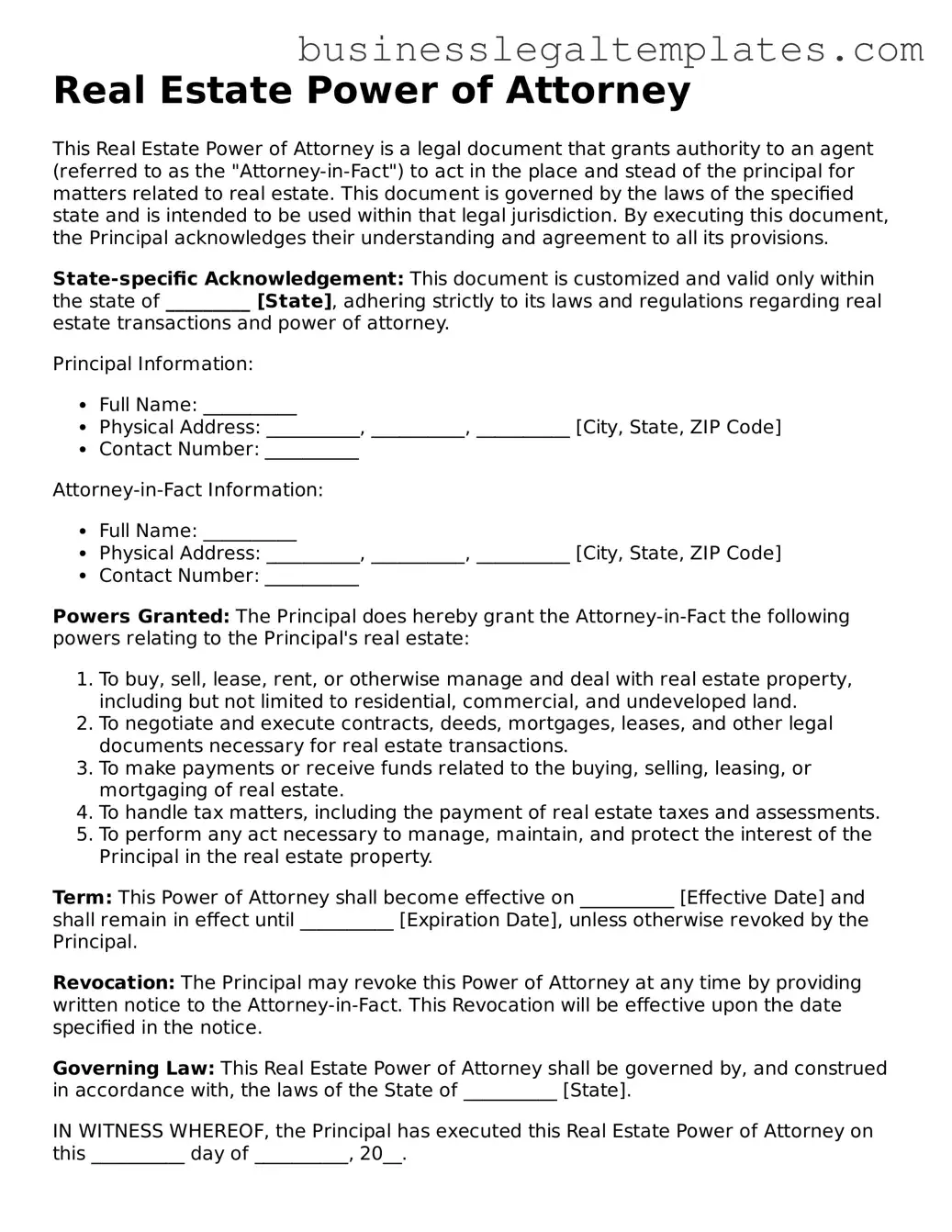 Fillable Real Estate Power of Attorney Form