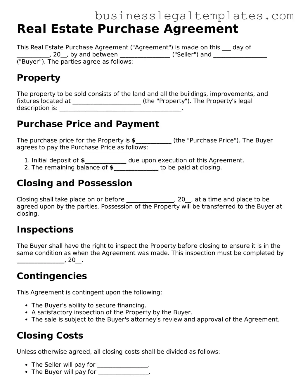 Fillable Real Estate Purchase Agreement Form