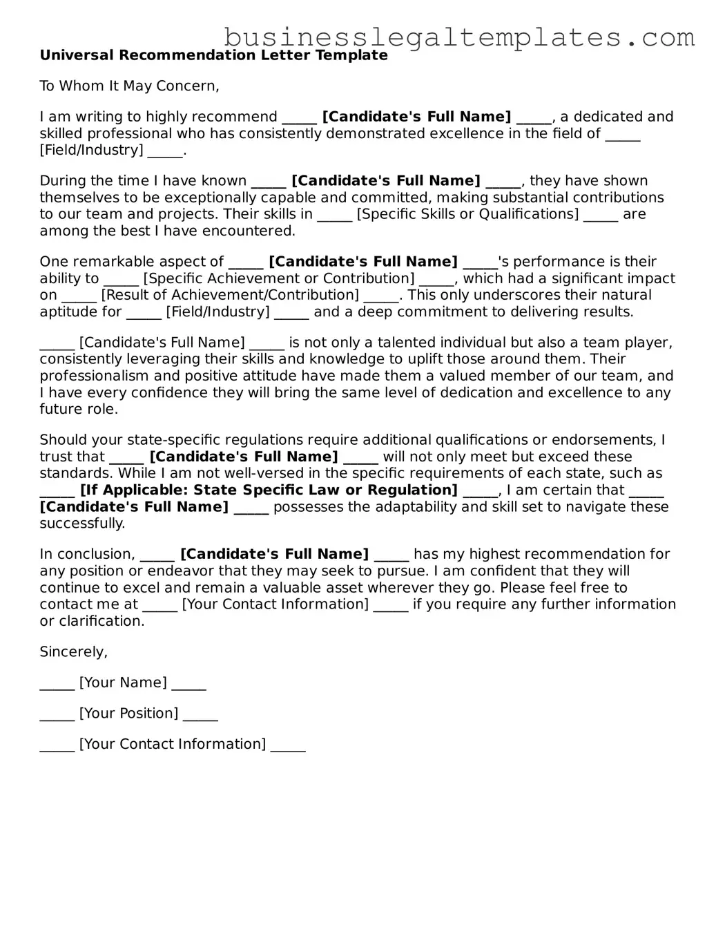 Fillable Recommendation Letter Form