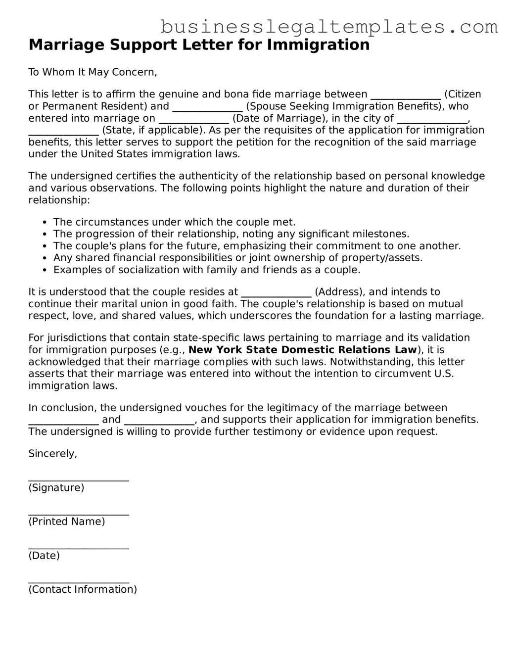 Fillable Marriage Support Letter for Immigration Form