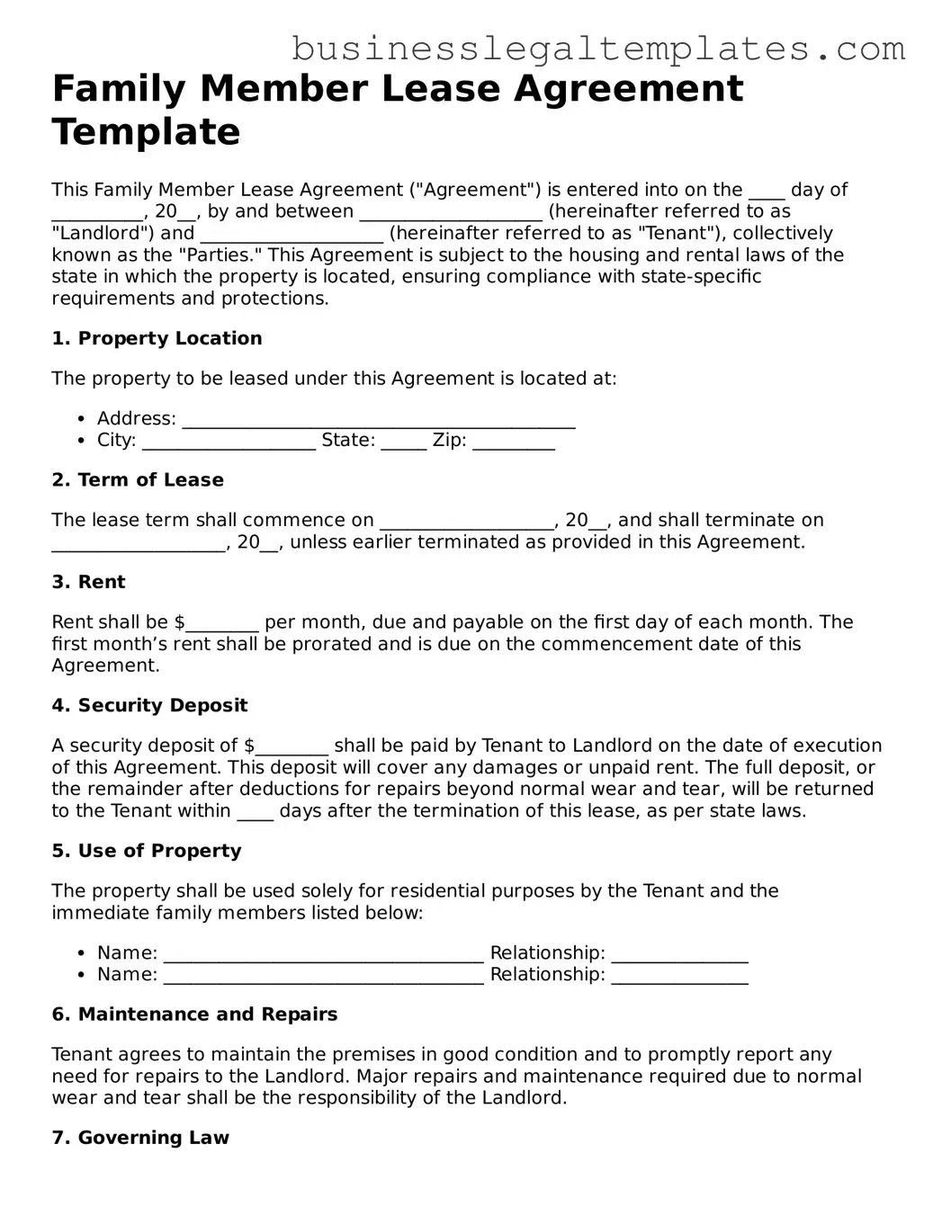 Fillable Family Member Lease Agreement Form