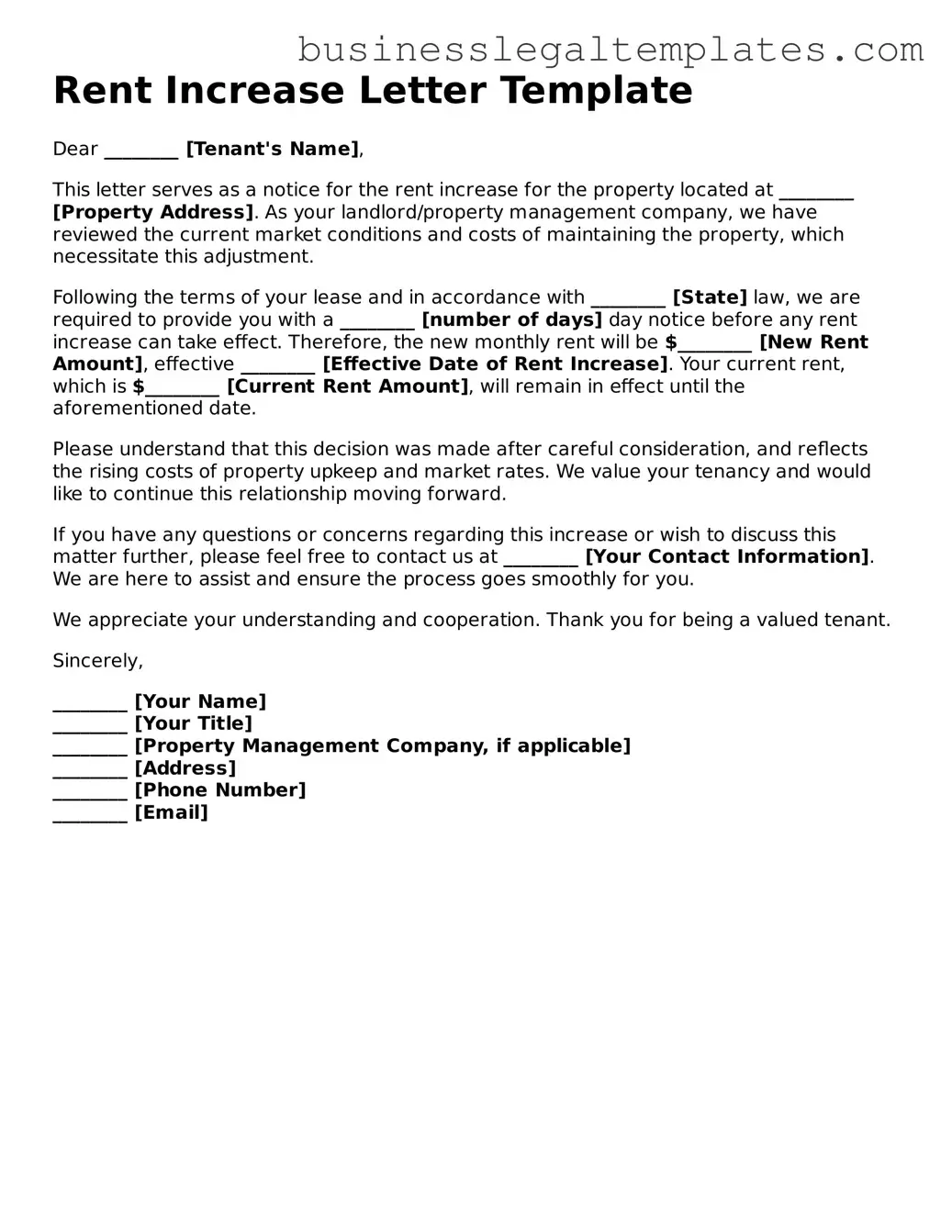 Fillable Rent Increase Letter Form