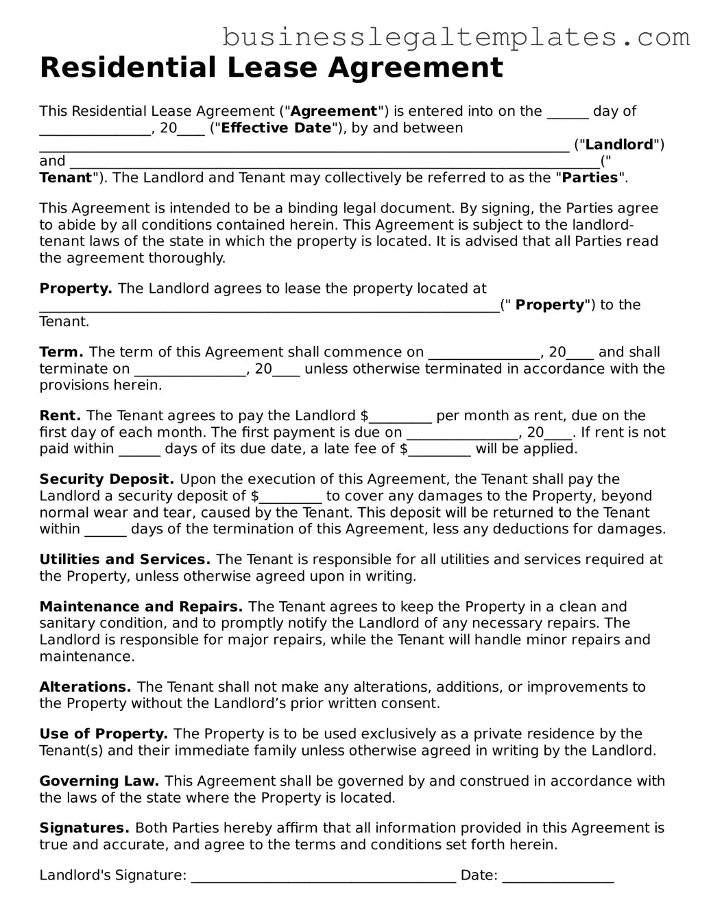 Fillable Lease Agreement Form