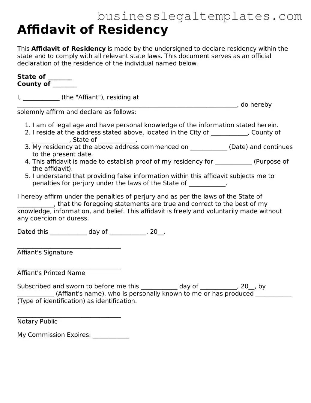 Fillable Affidavit of Residency Form