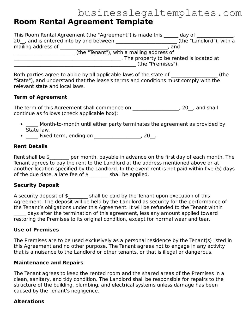 Fillable Room Rental Agreement Form