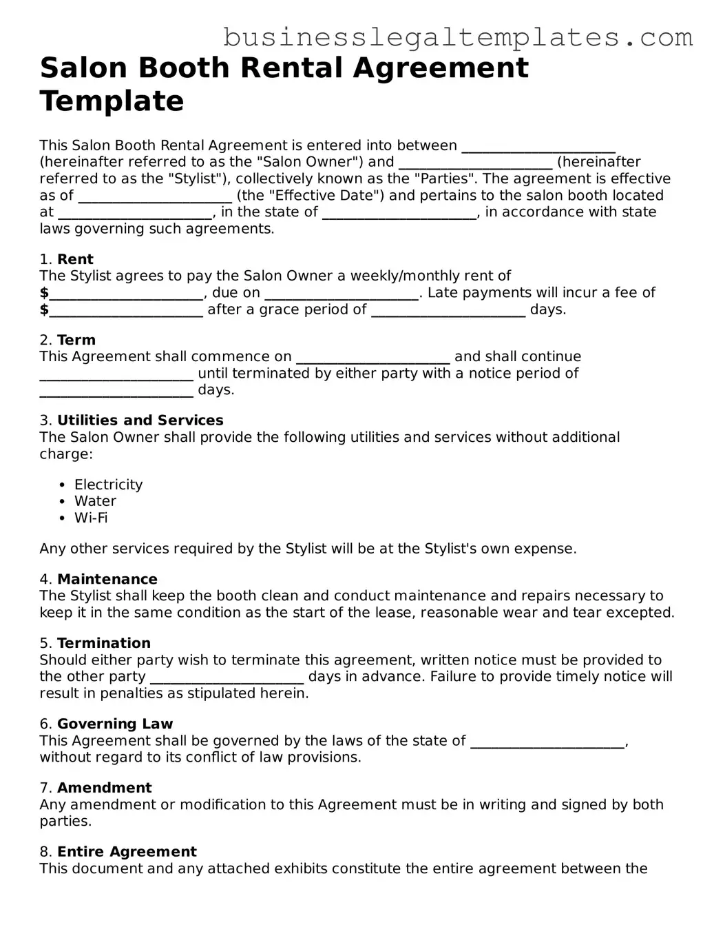 Fillable Salon Booth Rental Agreement Form
