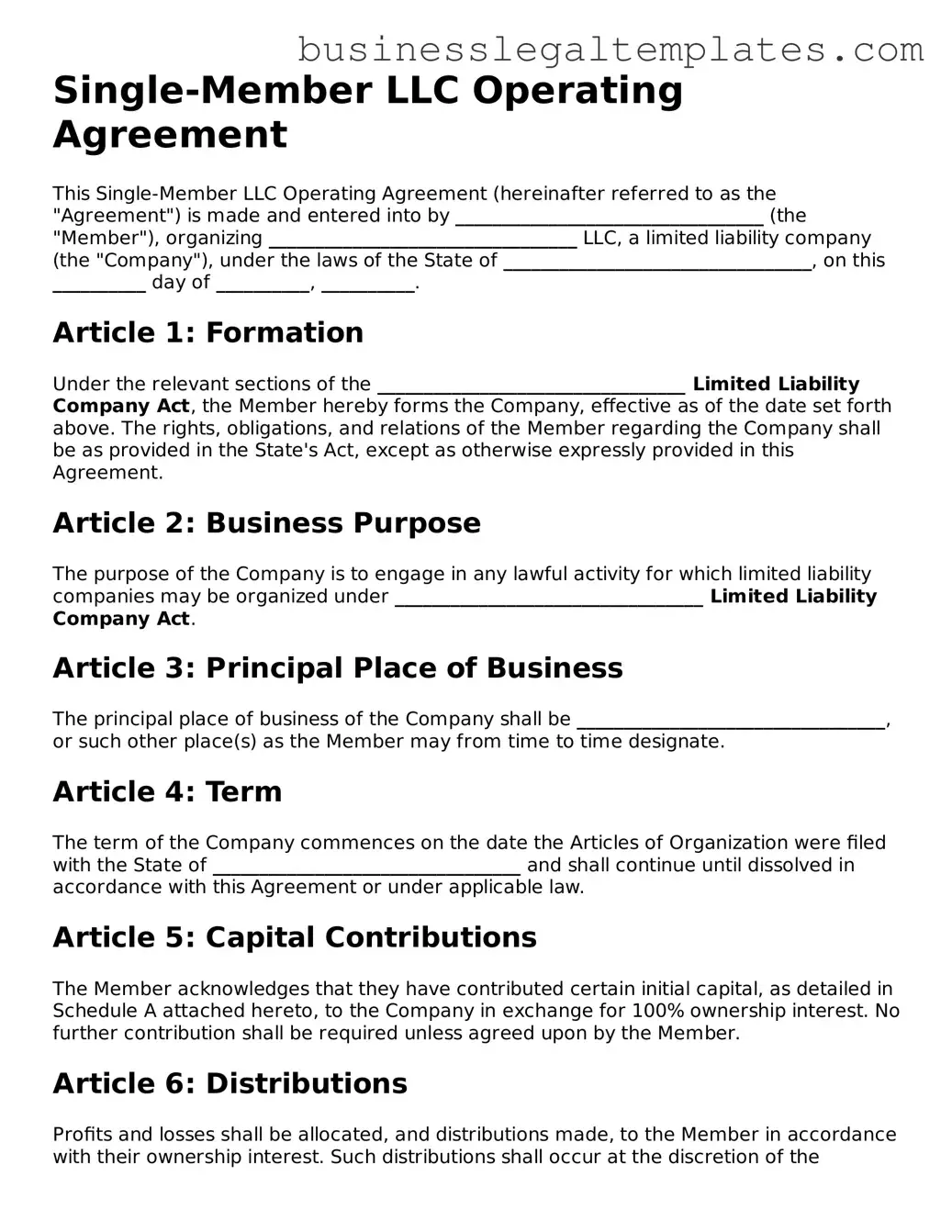 Fillable Single-Member Operating Agreement Form