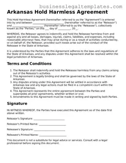 Blank Arkansas Hold Harmless Agreement Document