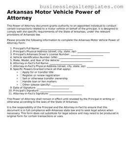 Blank Arkansas Motor Vehicle Power of Attorney Document