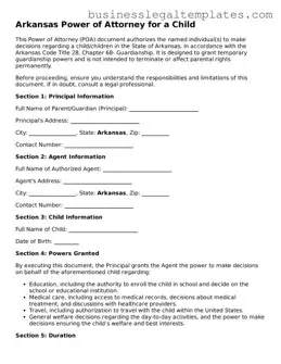 Blank Arkansas Power of Attorney for a Child Document
