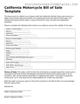 Blank California Motorcycle Bill of Sale Document