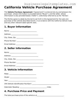 Blank California Vehicle Purchase Agreement Document