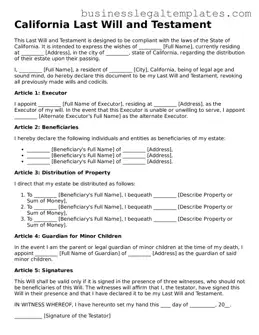 Blank California Last Will and Testament Document